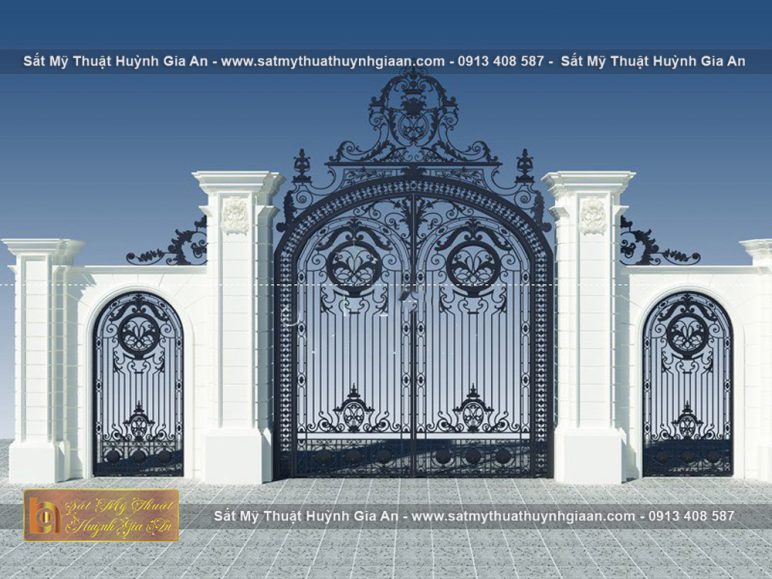 Thiết kế theo phong cách cổ điển của mẫu cổng sắt CMT087 cho biệt thự đẹp thể hiện tính thẩm mỹ cao từ màu sắc cho đến các đường nét hoạ tiết trang trí