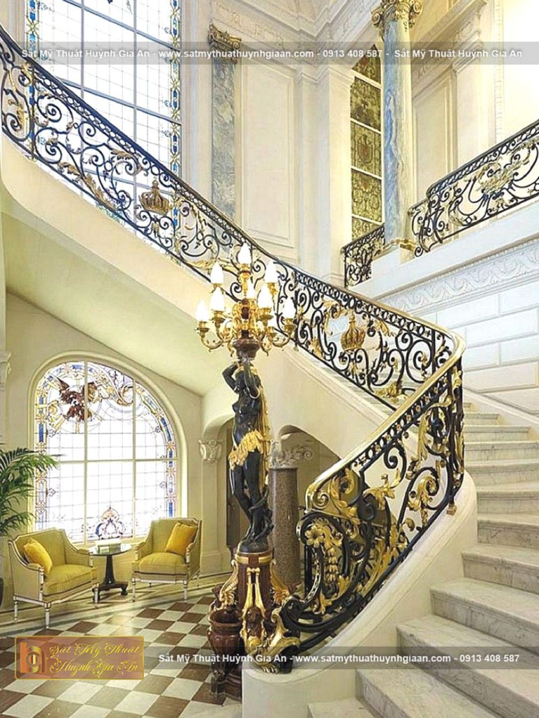 Cầu thang có lan can nghệ thuật mã CT079 thích hợp cho những ngôi nhà có kiến trúc tân cổ điển.